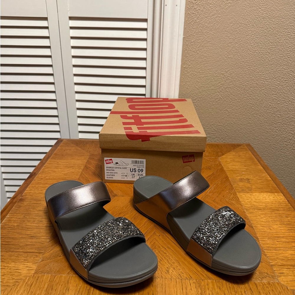 Fitflop Sparkle Crystal Slides Pewter Leather size 9